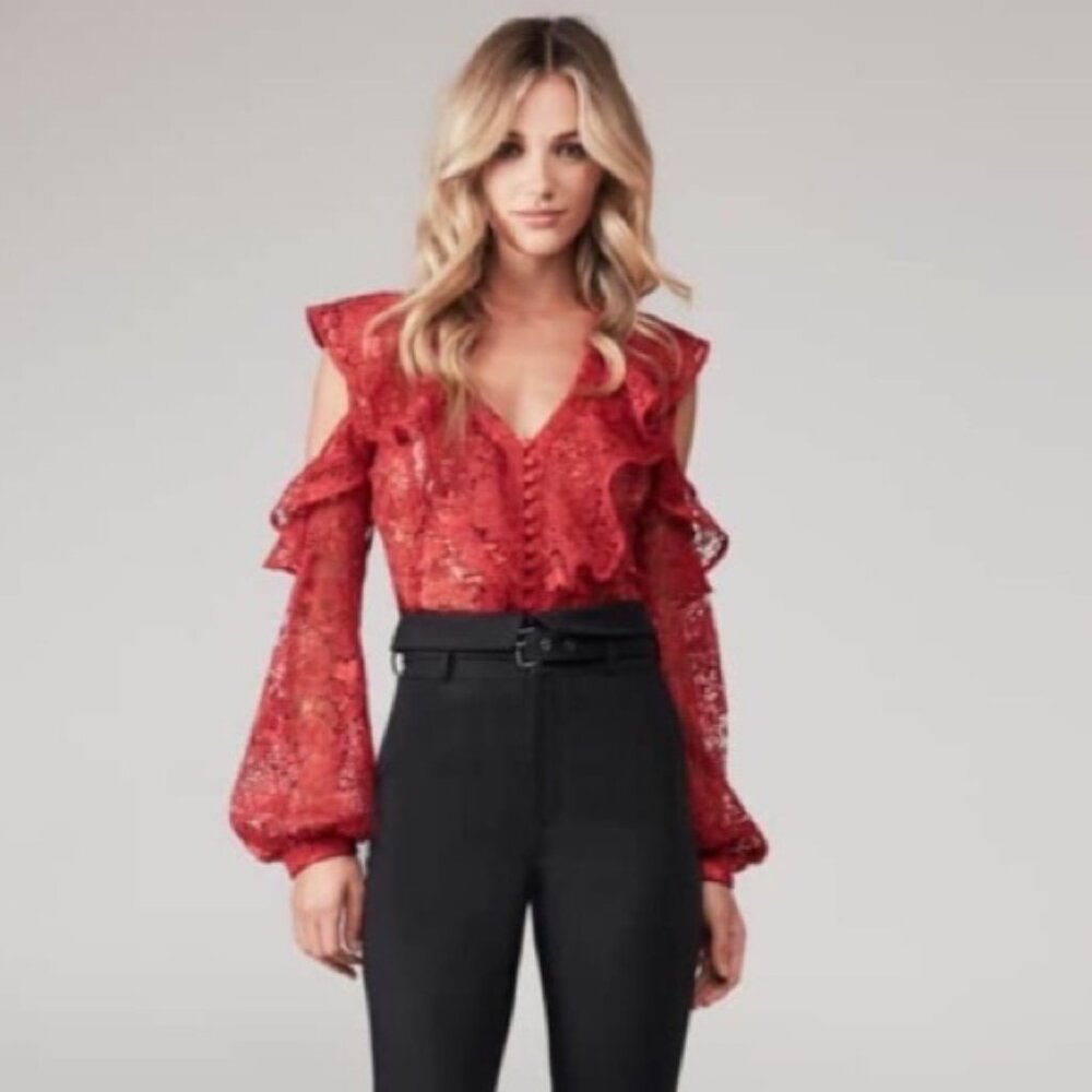Bardot Red Lace Cold-Shoulder Ruffled Blouse - Picture 2 of 13
